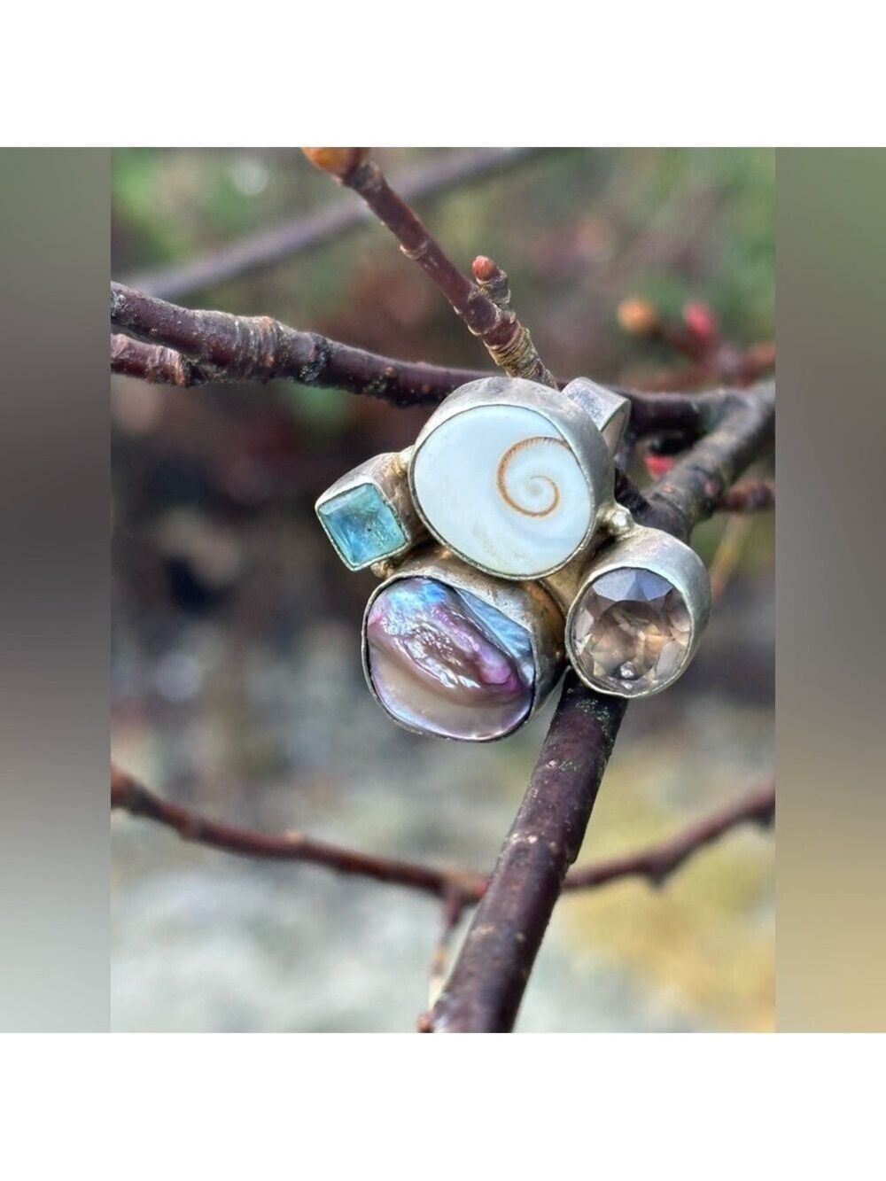 Vintage Sterling Silver Topaz, Smoky Quartz & Abalone Statement Ring • Size 7.5